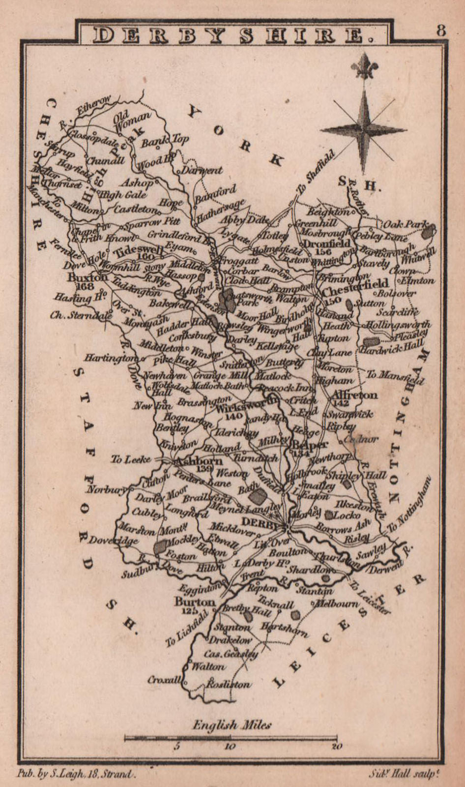 Derbyshire miniature county map by Samuel Leigh / Sidney Hall c1820 old